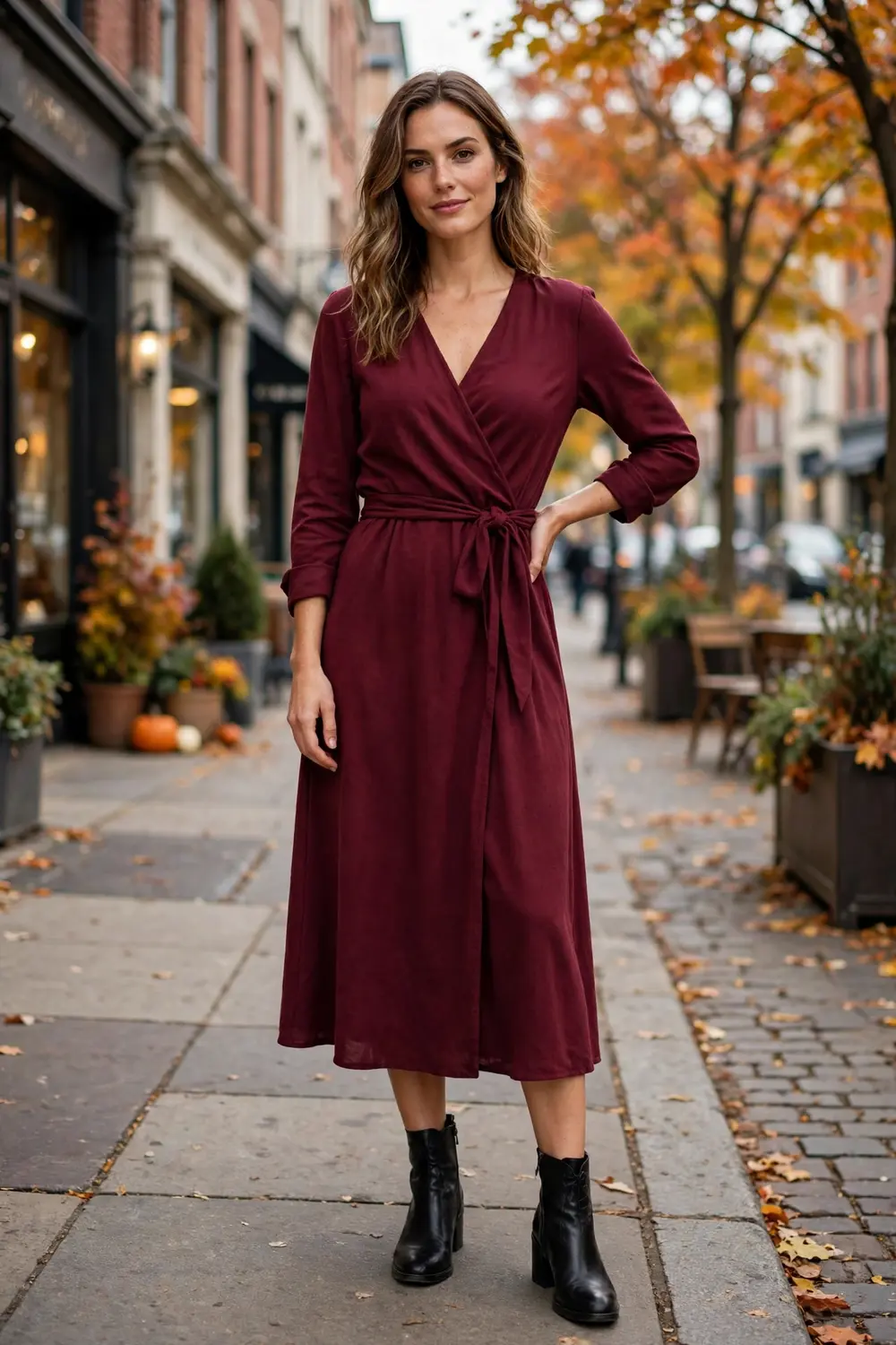 Full body photo of a woman in a burgundy wrap midi dress with ankle boots on a fall street