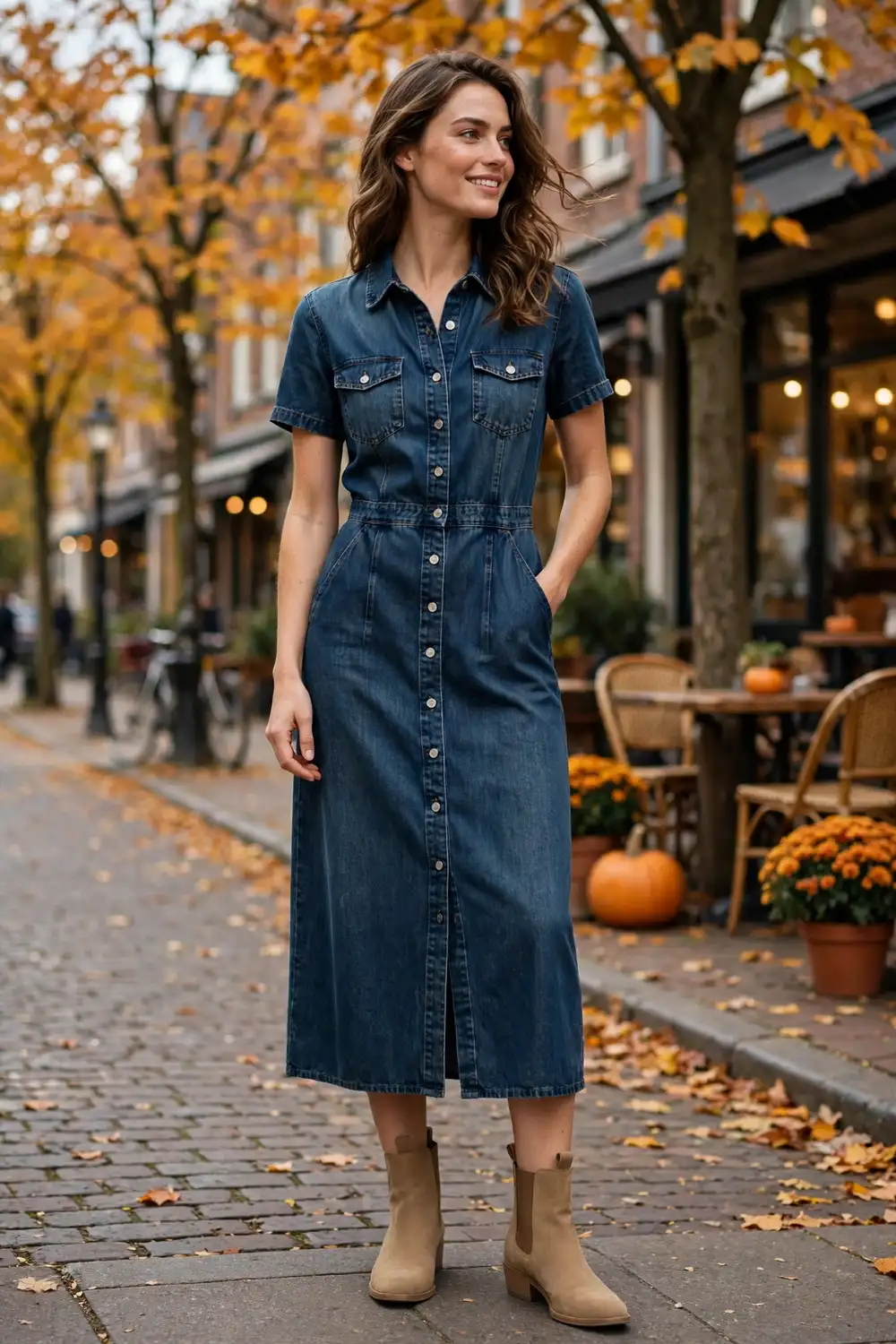 Full body photo of a woman in a dark wash denim midi dress with tan ankle boots