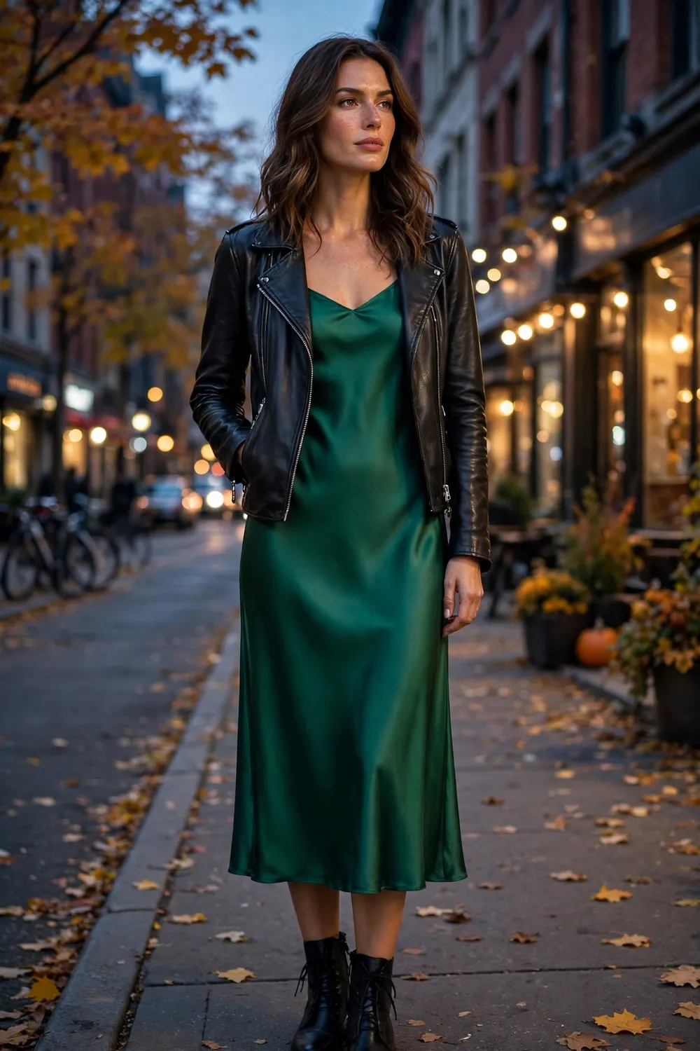 Full body photo of a woman in an emerald satin midi dress with a black leather jacket