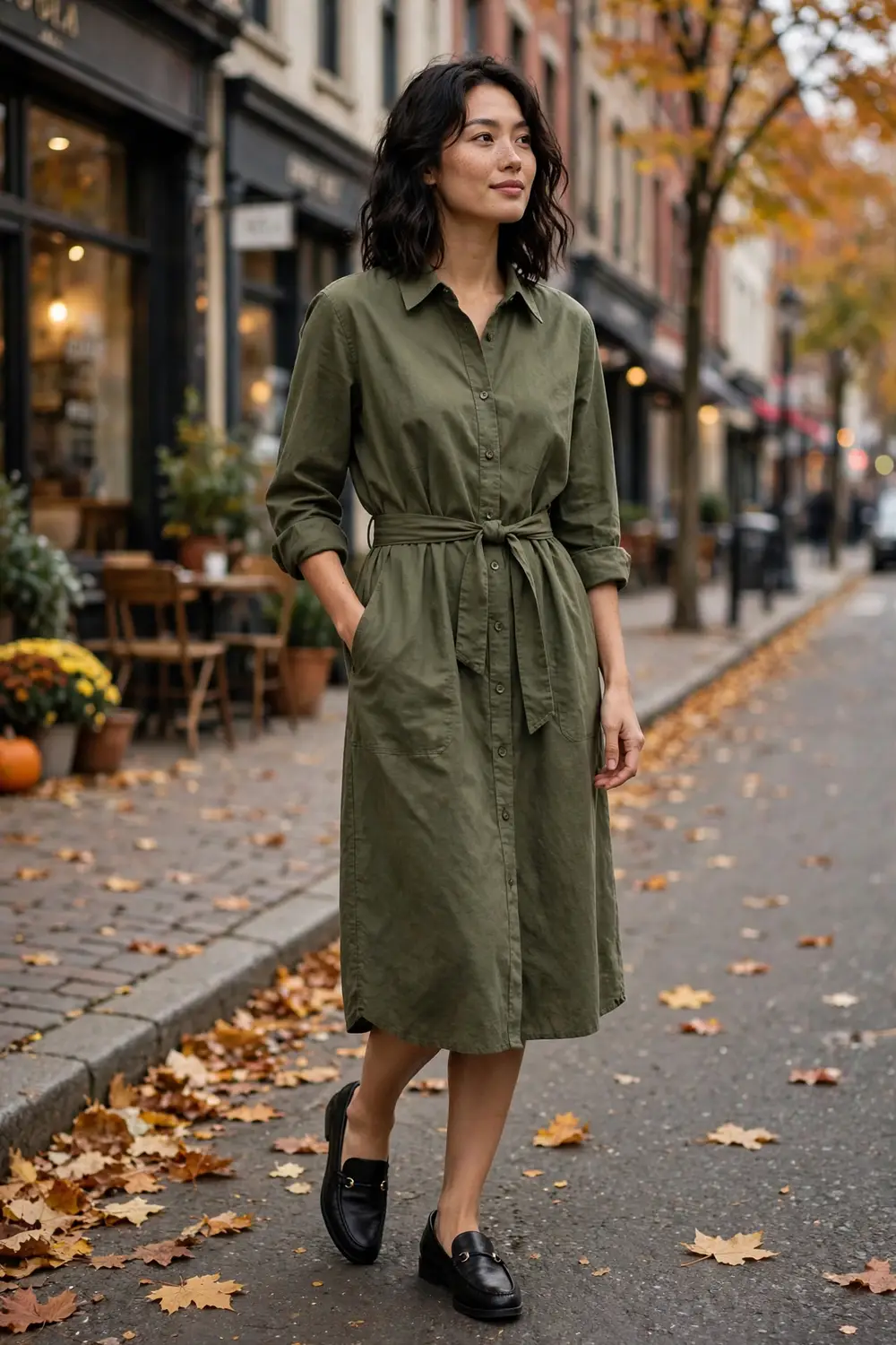Full body photo of a woman in an olive green belted shirt dress with loafers