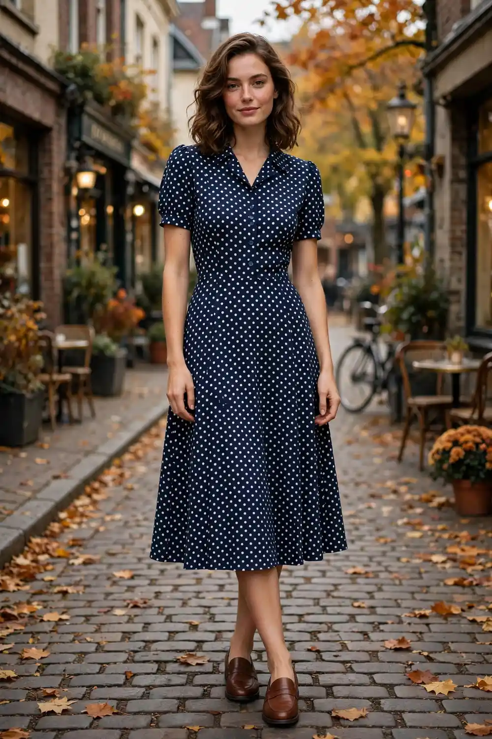Full body photo of a woman in a navy polka dot midi dress with brown loafers