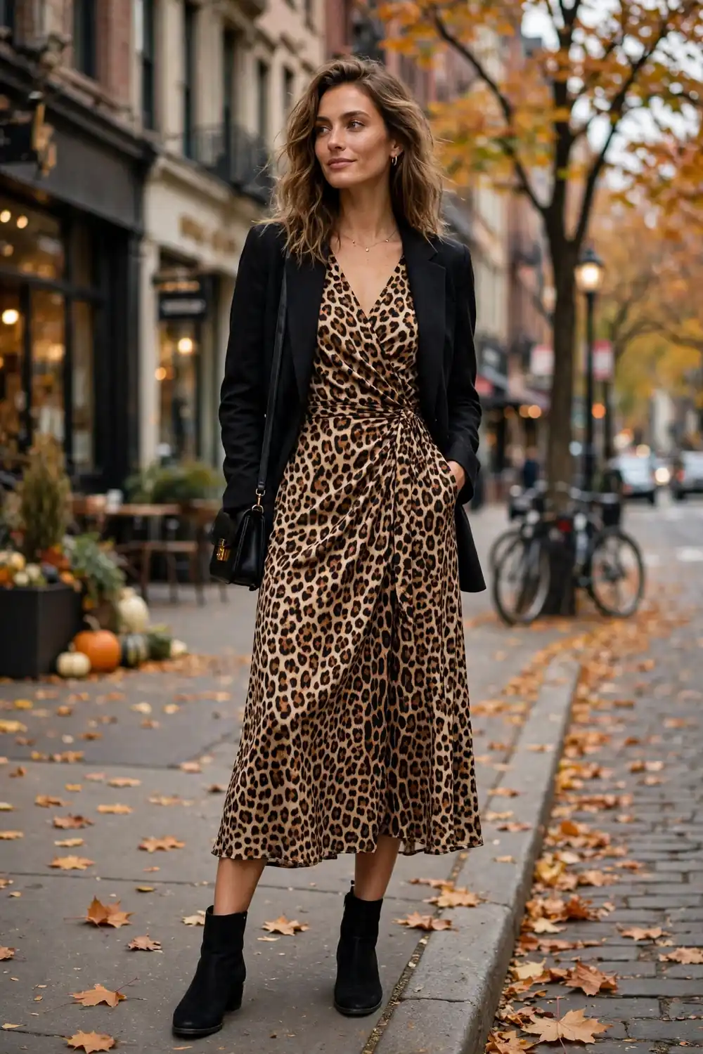 Full body photo of a woman in a leopard print midi dress with a black blazer