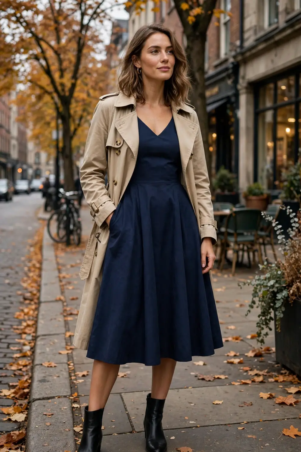 Full body photo of a woman in a navy fit and flare dress with a beige trench coat