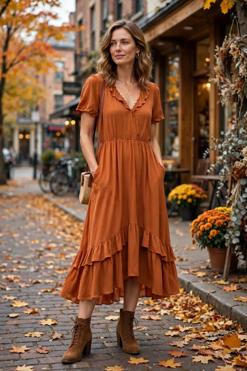 Full body photo of a woman in a burnt orange flowy midi dress with brown boots