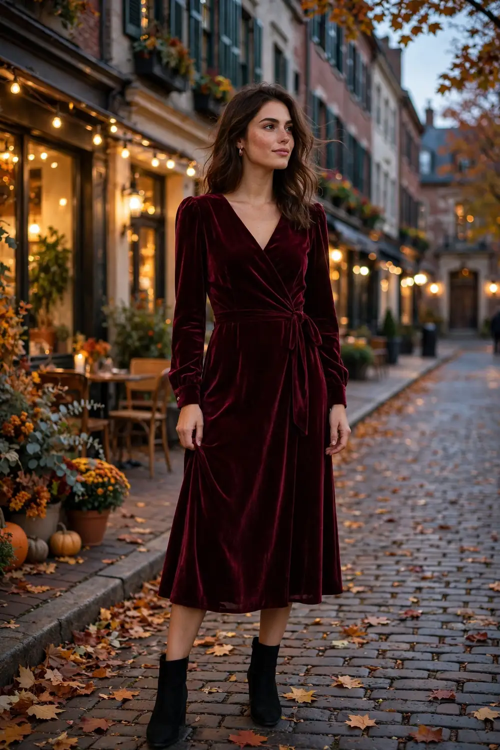 Full body photo of a woman in a deep burgundy velvet midi dress on a fall evening street