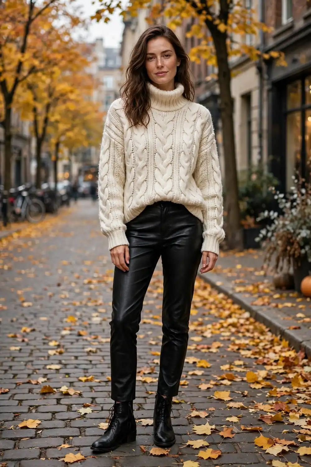 Woman wearing a chunky cream turtleneck sweater with black leather trousers on an autumn street