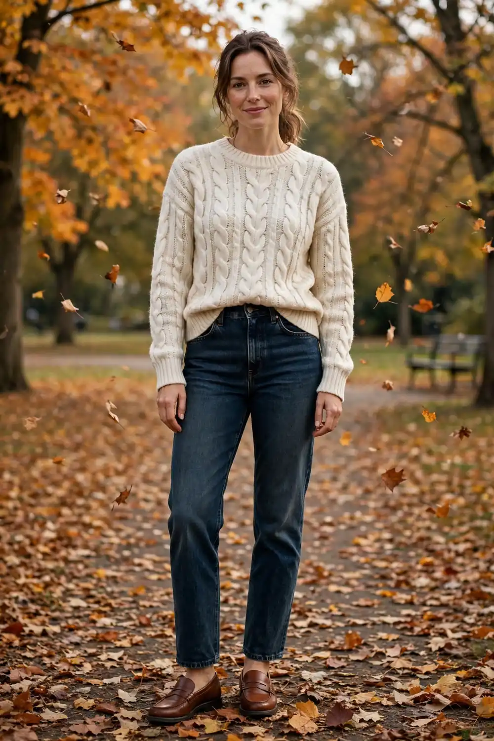 Cream cable knit sweater paired with dark indigo jeans and tan ankle boots