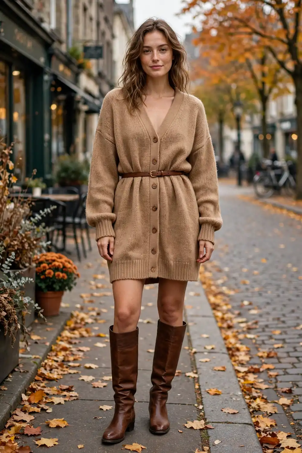 Woman wearing an oversized camel cardigan as a dress with tall boots