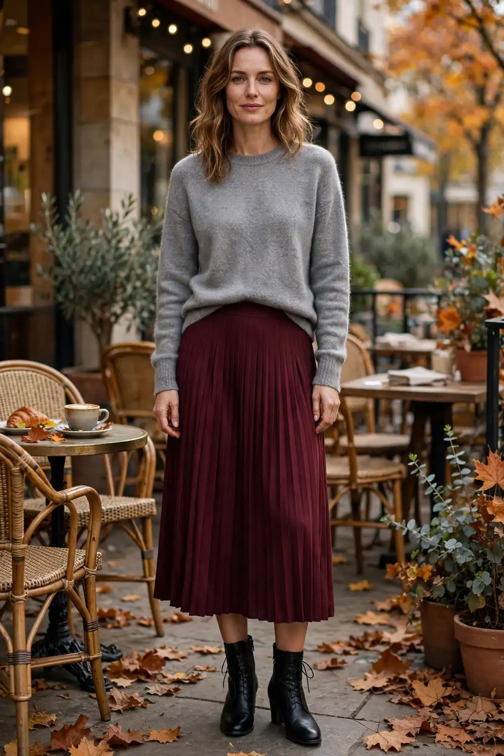 Emerald cashmere crewneck sweater tucked into a pleated midi skirt