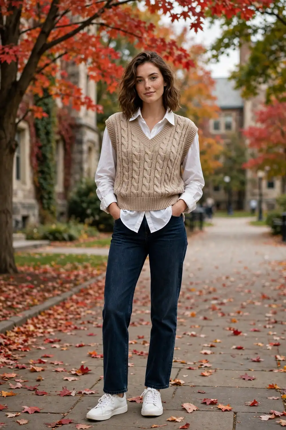 Argyle sweater vest layered over a crisp white shirt with dark jeans