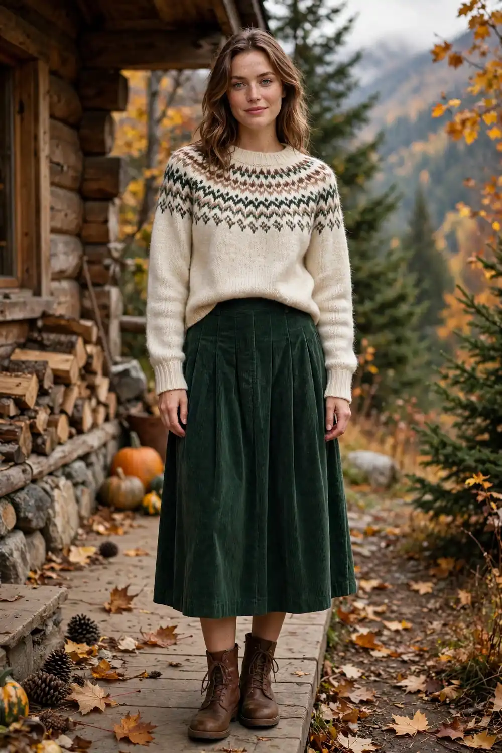 Fair Isle yoke sweater in cream navy and burgundy with a pleated midi skirt