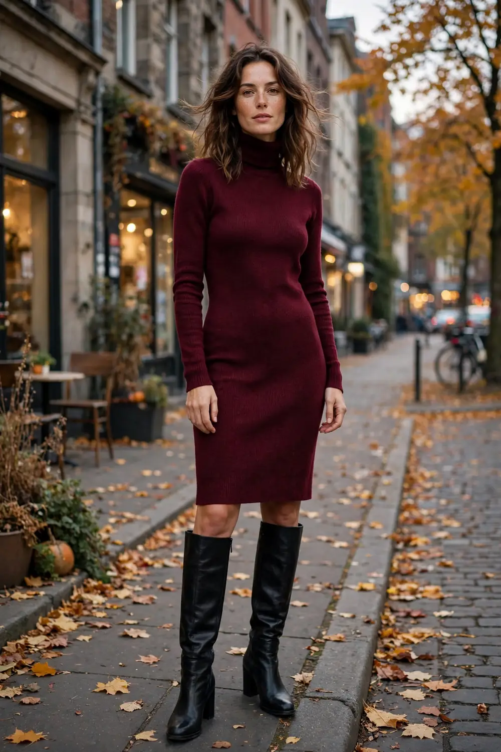 Chocolate brown ribbed turtleneck sweater dress with knee high boots