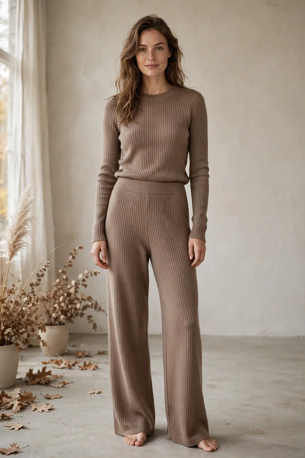 Matching ribbed knit two piece set in oatmeal with white trainers