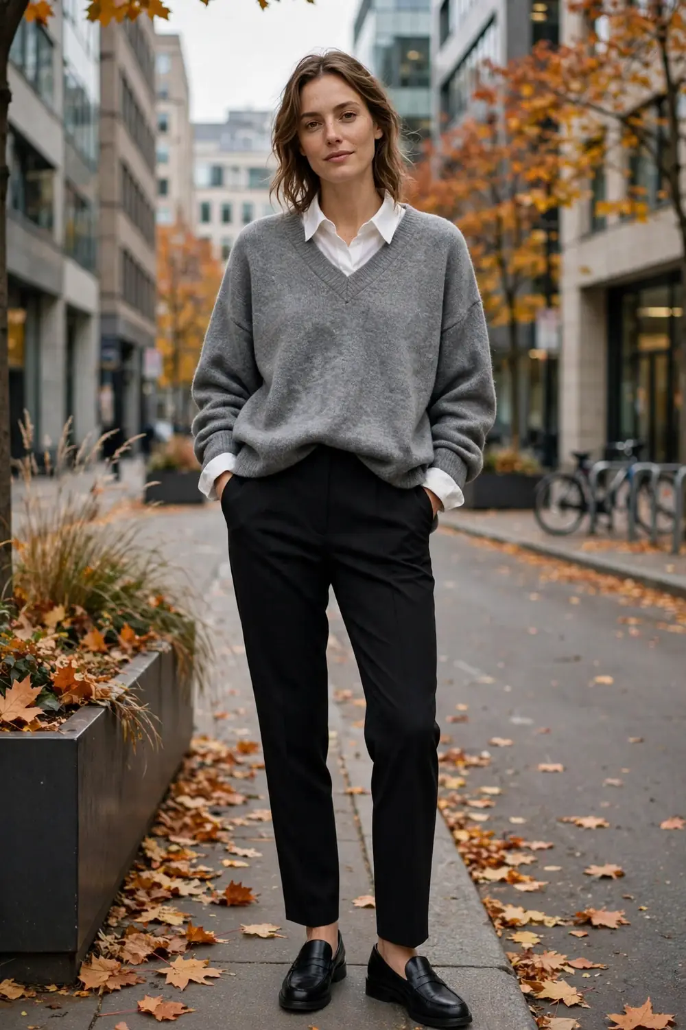 Oversized grey V neck sweater layered over a white collared shirt