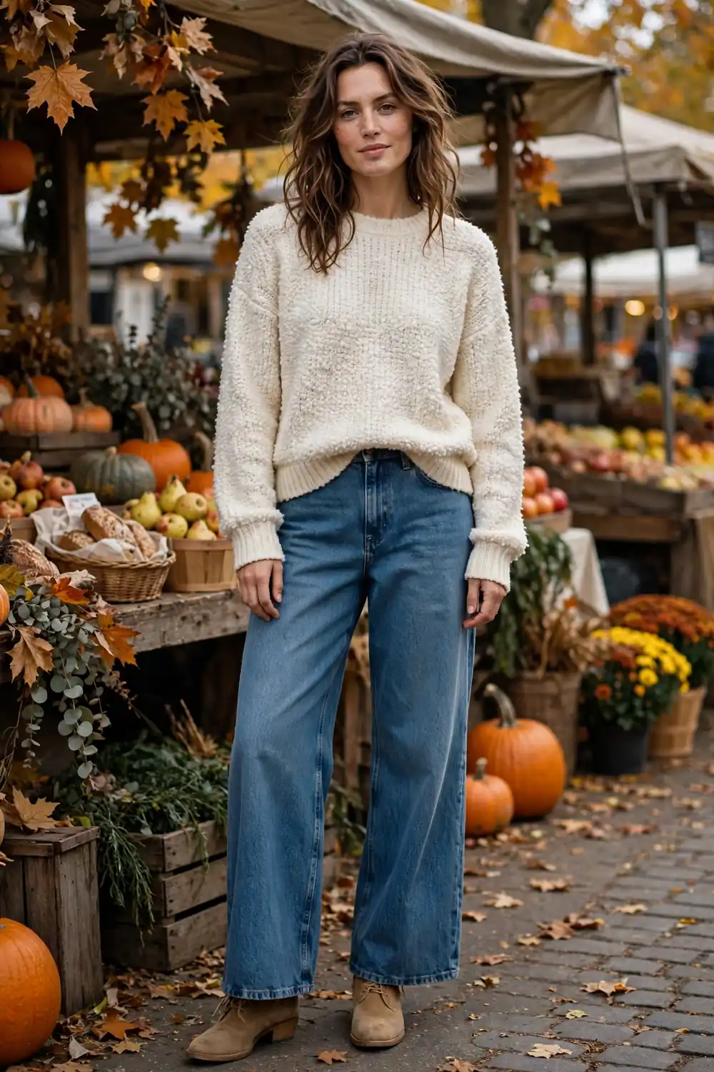 Cream textured boucle sweater with wide leg dark wash jeans