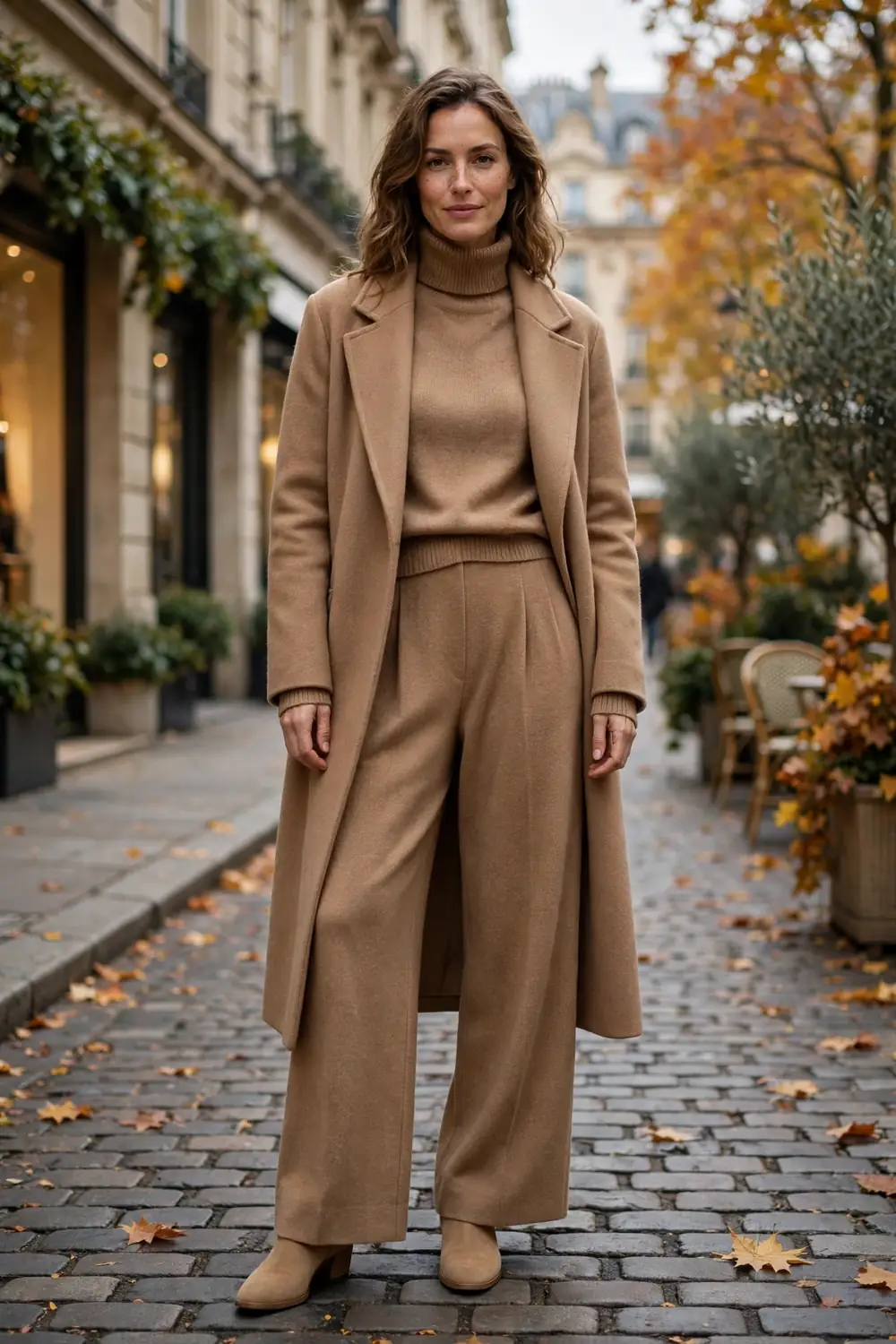 Head to toe camel knit outfit with turtleneck sweater and tailored trousers