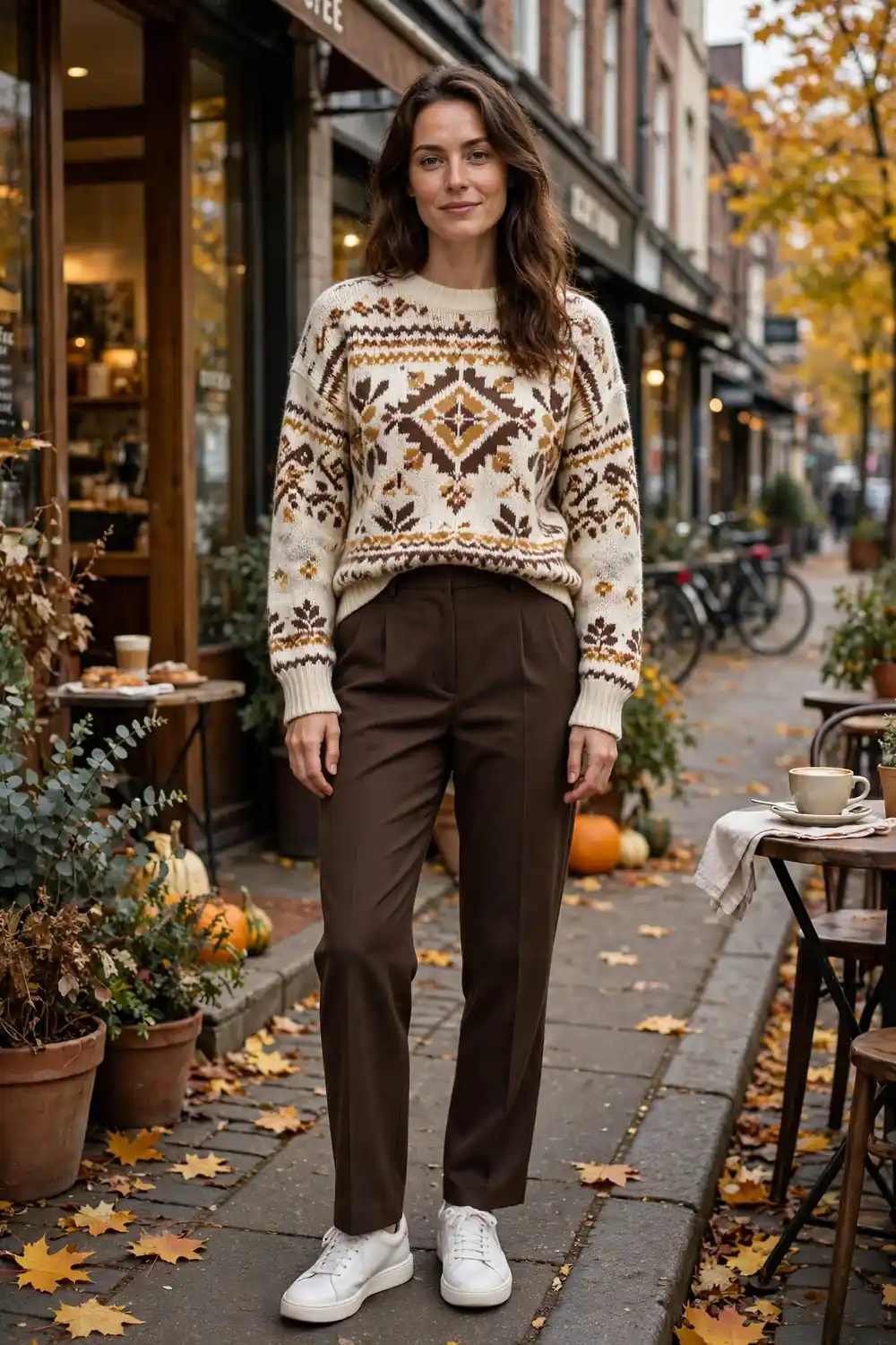 Vintage inspired graphic sweater styled with dark tailored trousers and loafers
