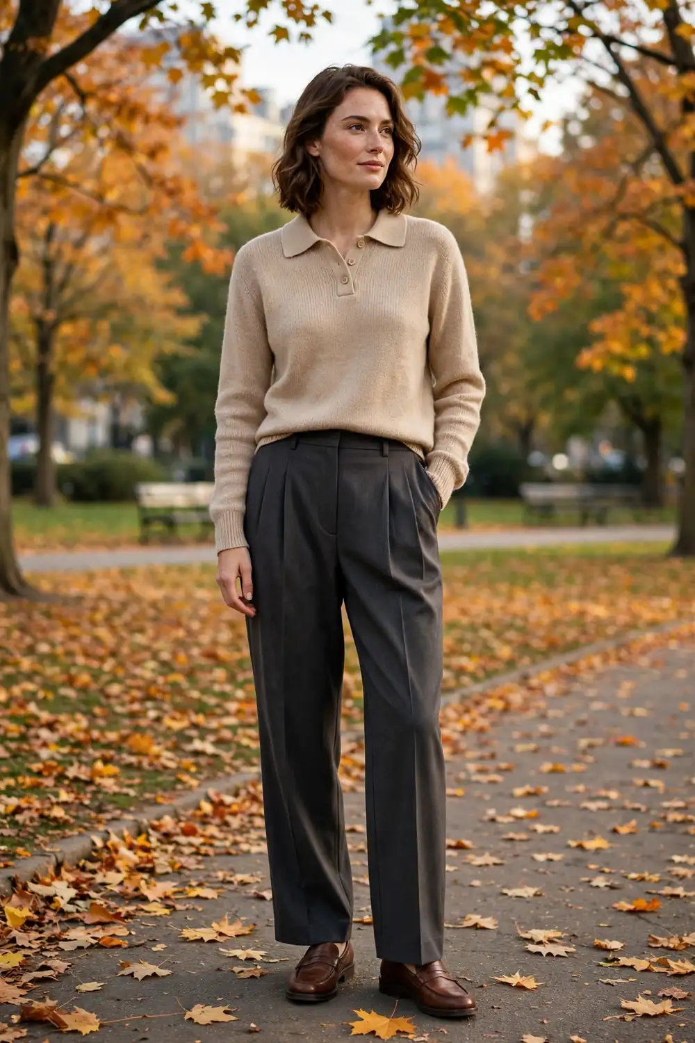 Navy polo collar knit sweater with pleated beige trousers