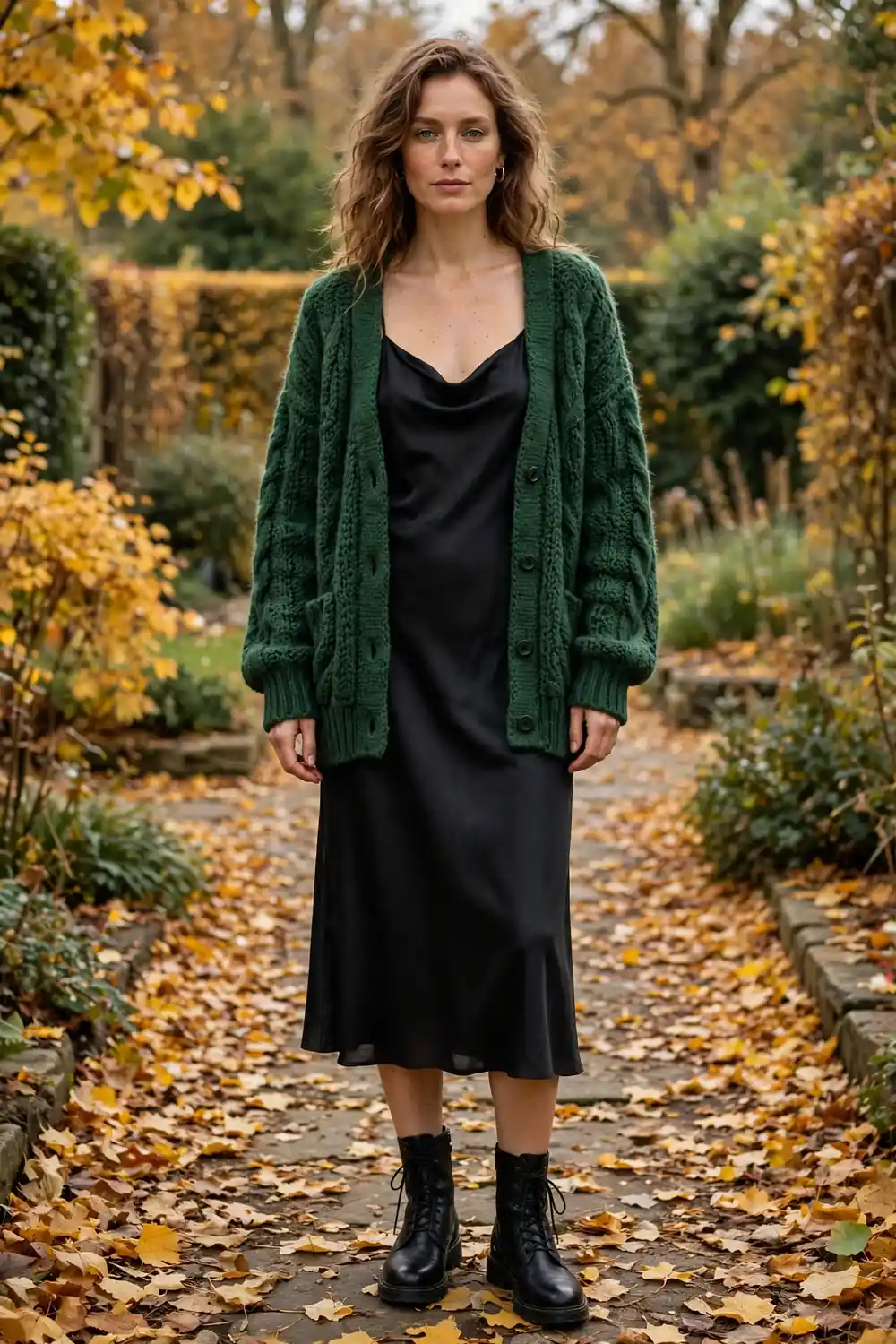 Chunky oatmeal cardigan worn open over a floral slip dress