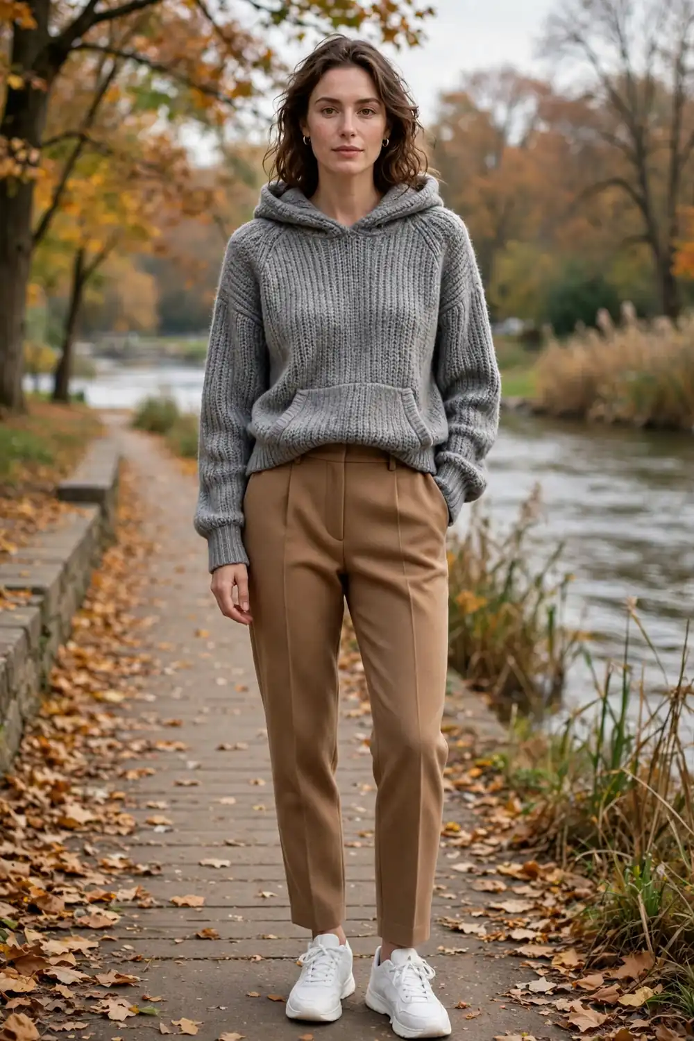 Grey hooded knit sweater with tailored charcoal wool trousers