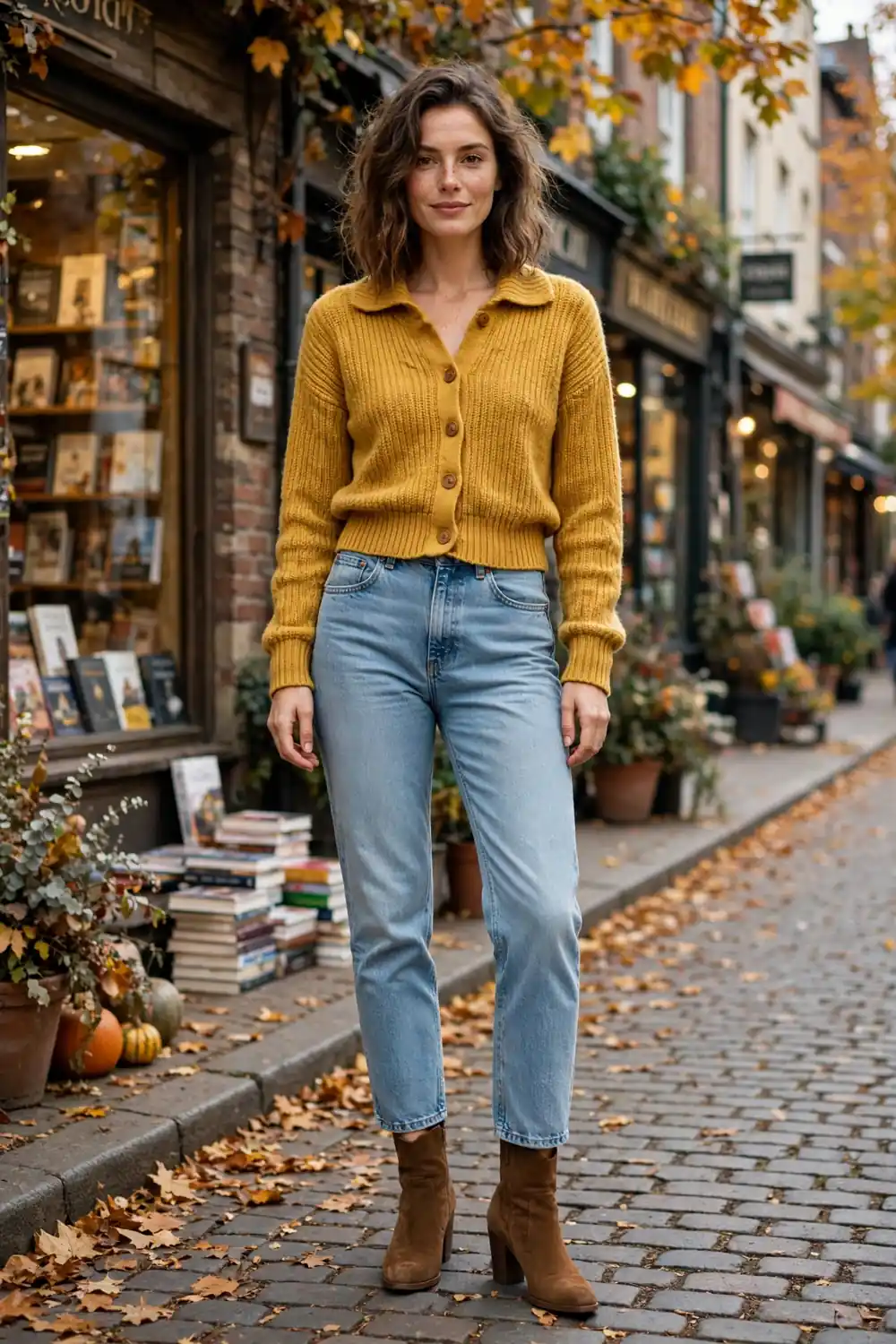 Sage green shrunken cardigan with high rise straight leg jeans