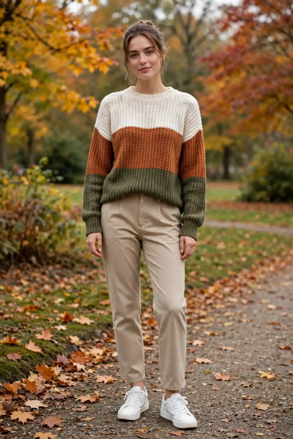 Colour block knit sweater in cream tan and rust over neutral layers
