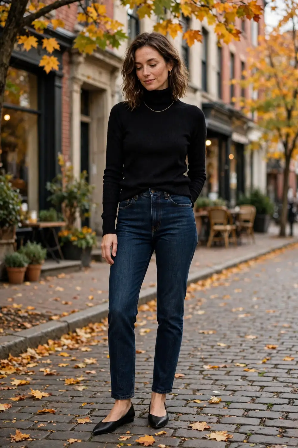 Classic black turtleneck styled with jeans a blazer and gold jewellery