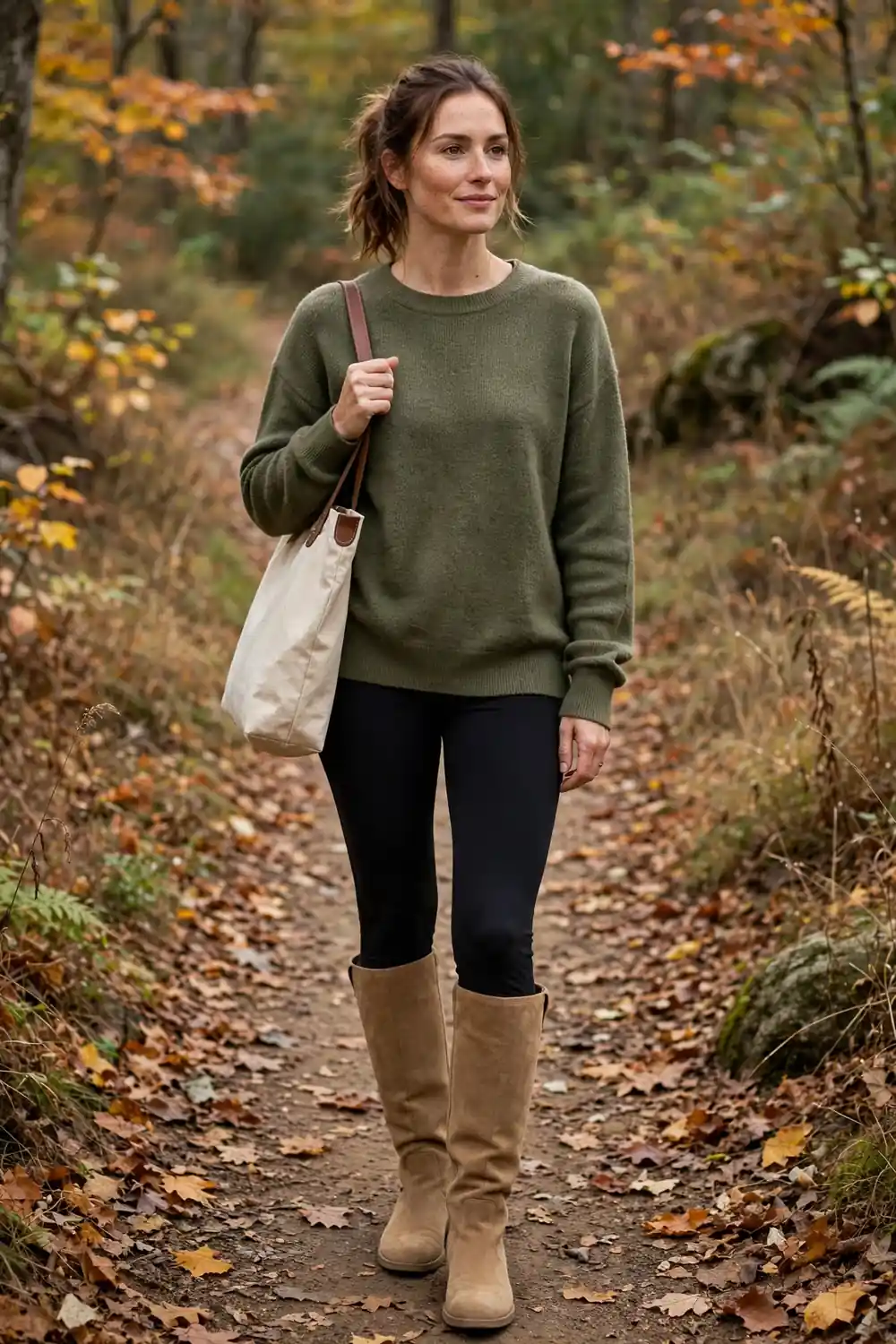 Oversized grey sweater with black leggings and tan suede boots on a weekend walk