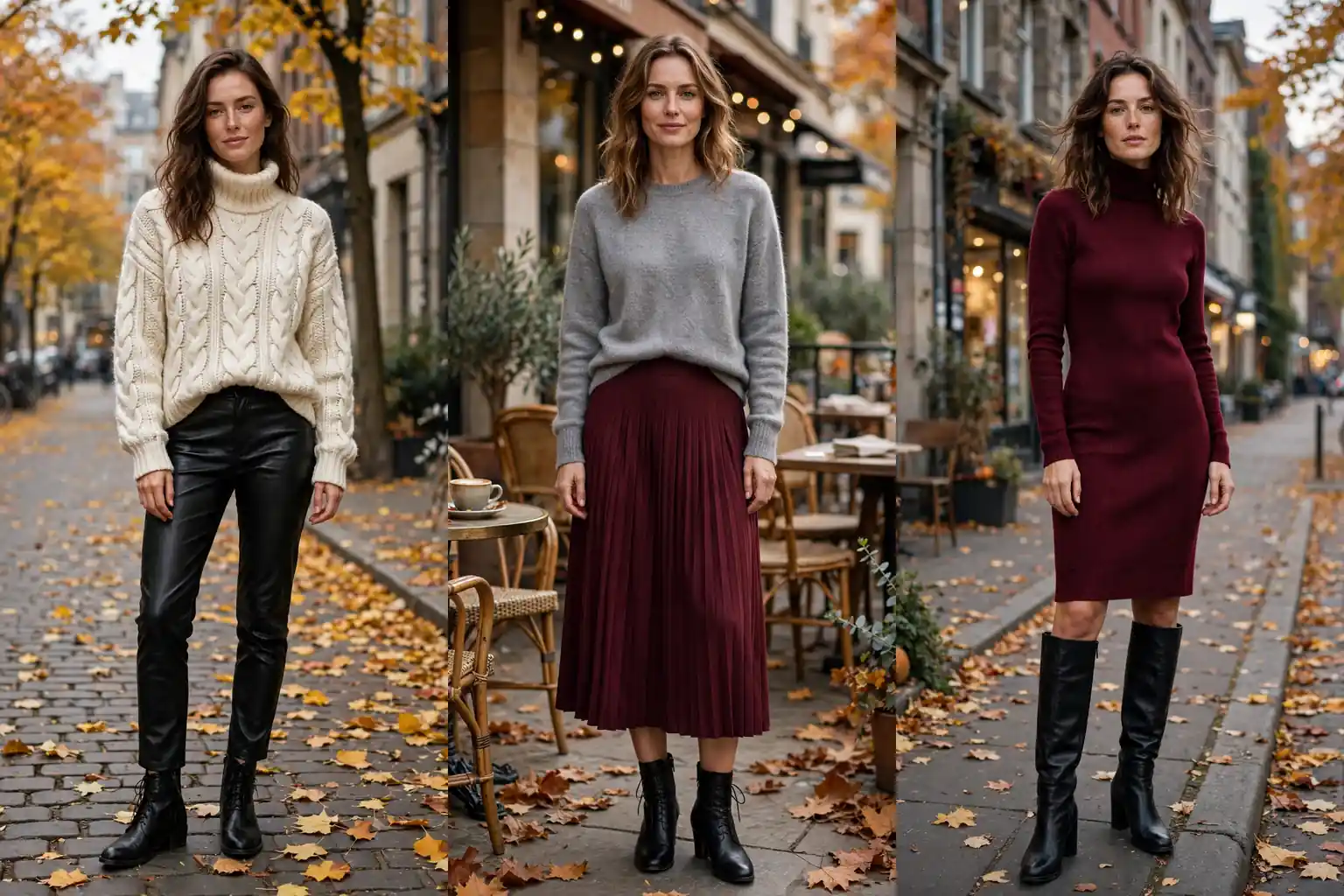 Three panel grid of fall sweater outfits: chunky turtleneck with leather pants, cashmere sweater with pleated skirt, turtleneck sweater dress with knee high boots