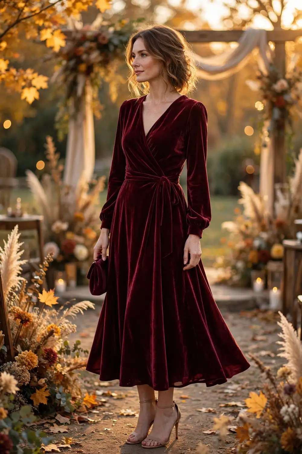 Woman wearing a burgundy velvet wrap gown at an autumn wedding
