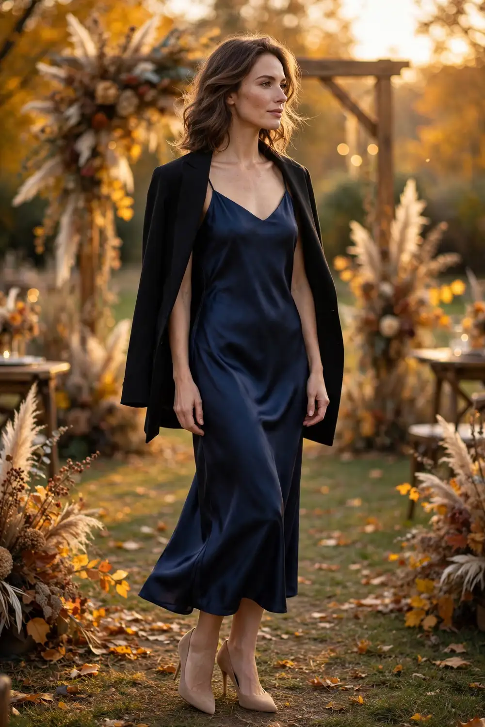 Woman wearing a navy slip dress with a tailored blazer at an autumn wedding