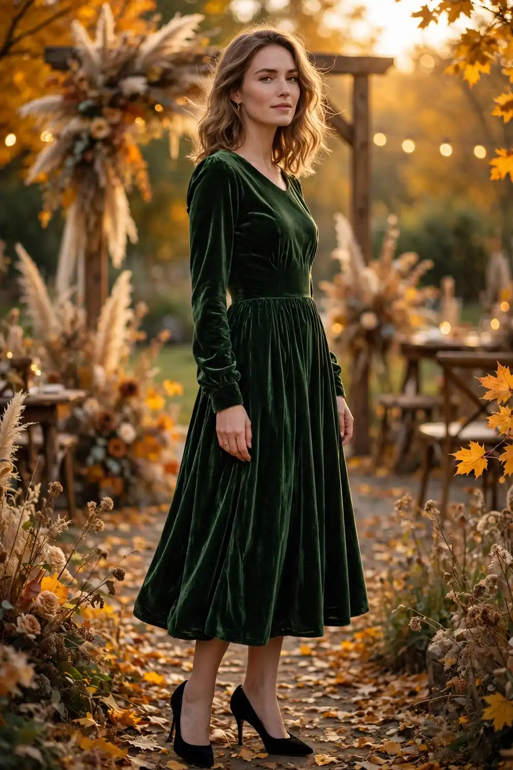 Woman wearing a forest green velvet midi dress at an evening reception