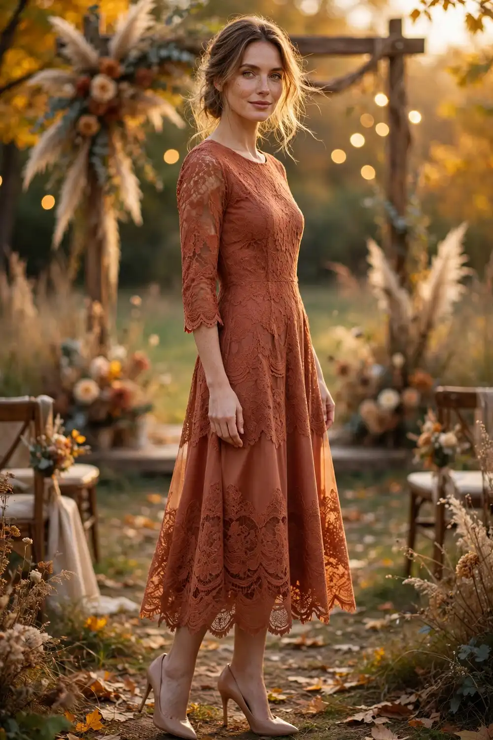 Woman wearing a terracotta lace midi dress at a rustic wedding