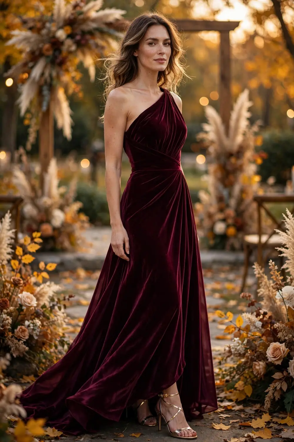 Woman wearing a wine one shoulder gown at a black tie optional wedding