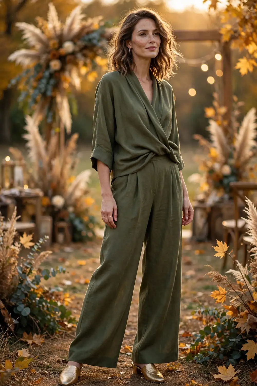 Woman wearing an olive green matching blouse and trousers set at a fall wedding