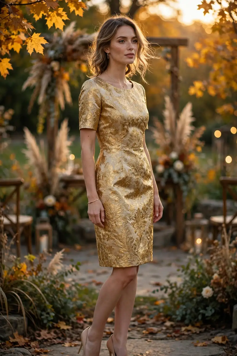 Woman wearing a gold brocade cocktail dress at a fall wedding reception