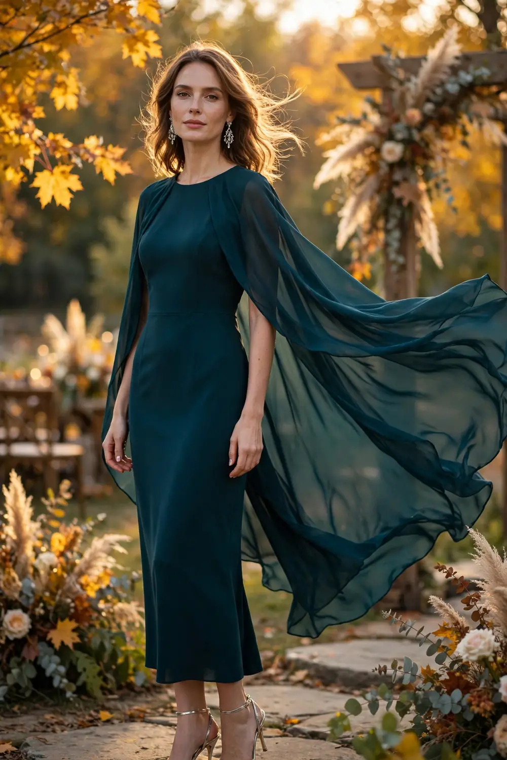 Woman wearing a deep teal cape dress at a formal fall wedding