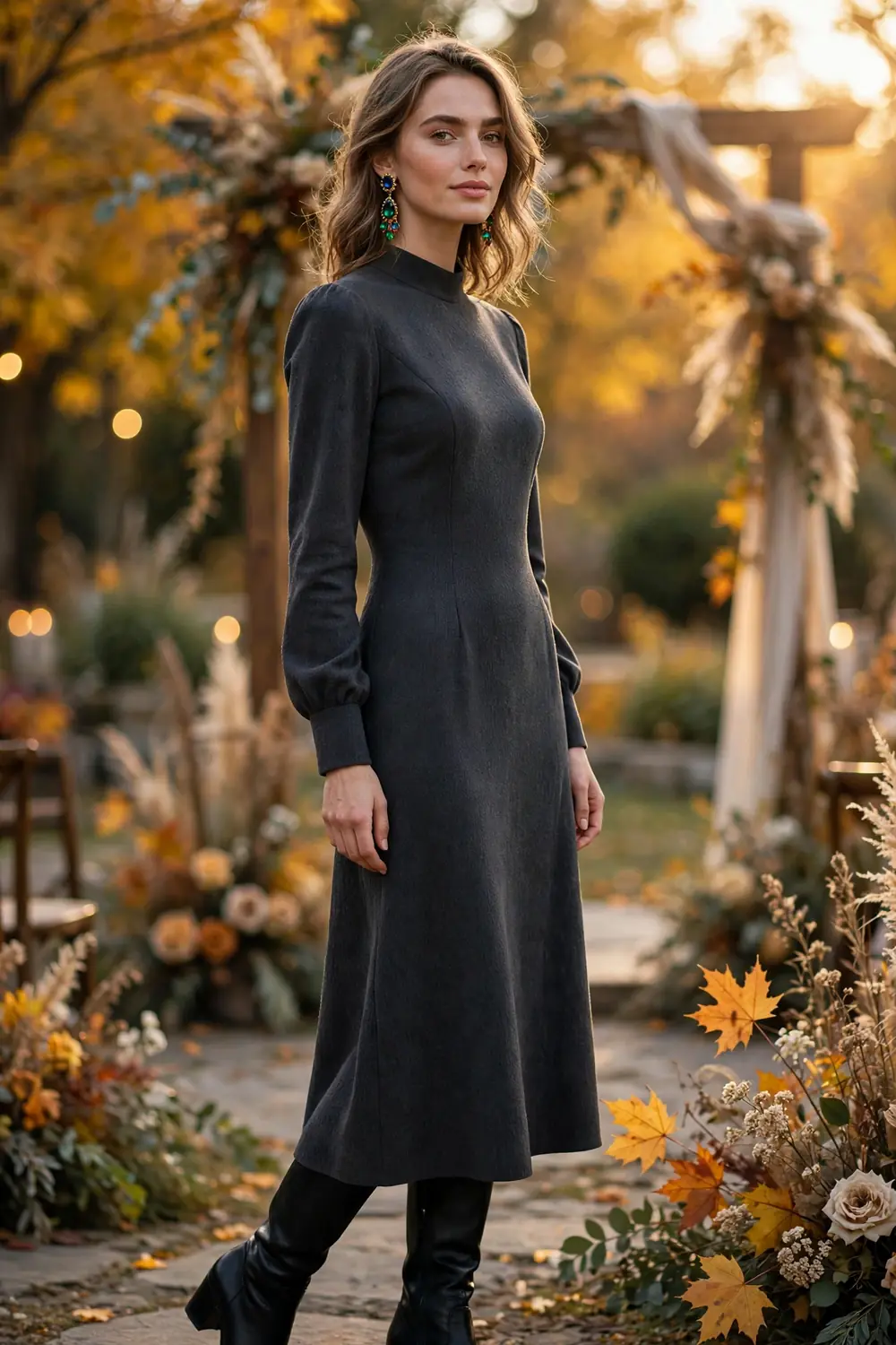 Woman wearing a charcoal wool crepe midi dress at a late autumn wedding