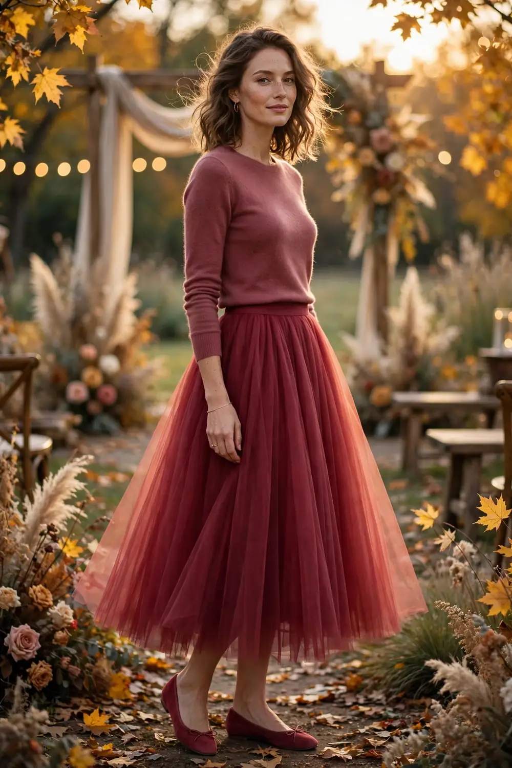 Woman wearing a cranberry tulle skirt with a cashmere top at a fall wedding