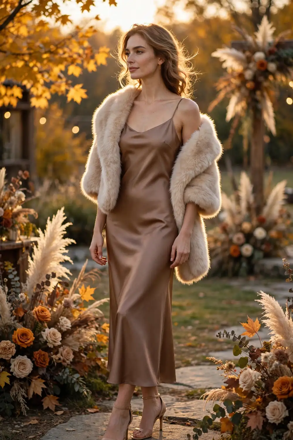 Woman wearing a mocha satin slip dress with a faux fur stole at a formal wedding