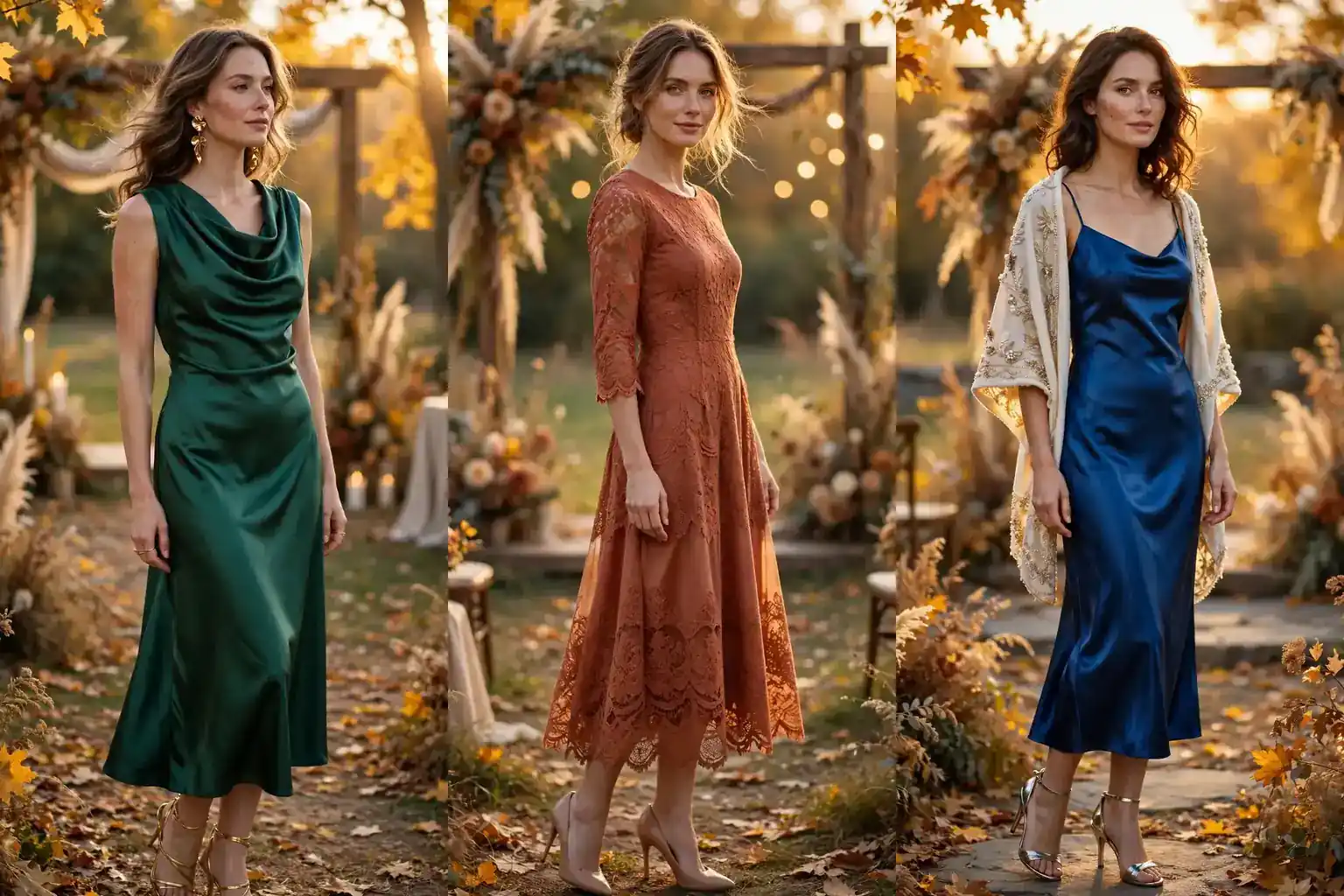 Collage of elegant fall wedding guest outfits in jewel tones