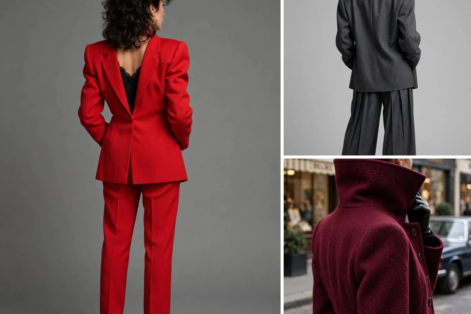 80s luxury outfit ideas collage with red power suit and tailoring