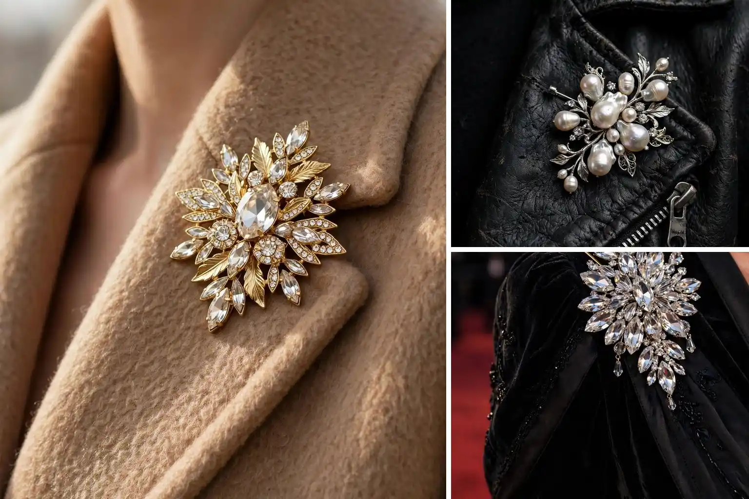 Brooch outfit ideas collage with coat collar pin and styled looks