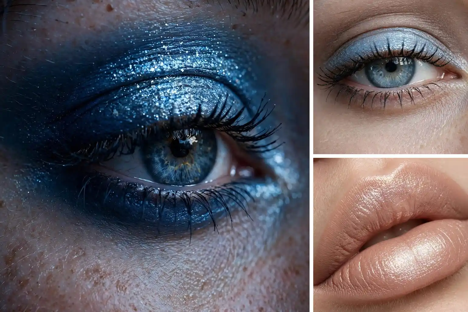 Frosted makeup looks collage with blue smokey eye icy eyes and frosted lips