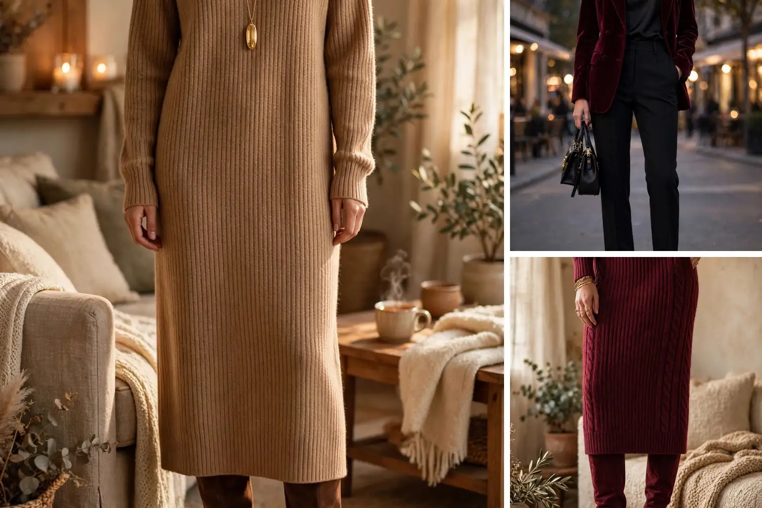 Thanksgiving outfit ideas collage with sweater dress velvet blazer and burgundy look