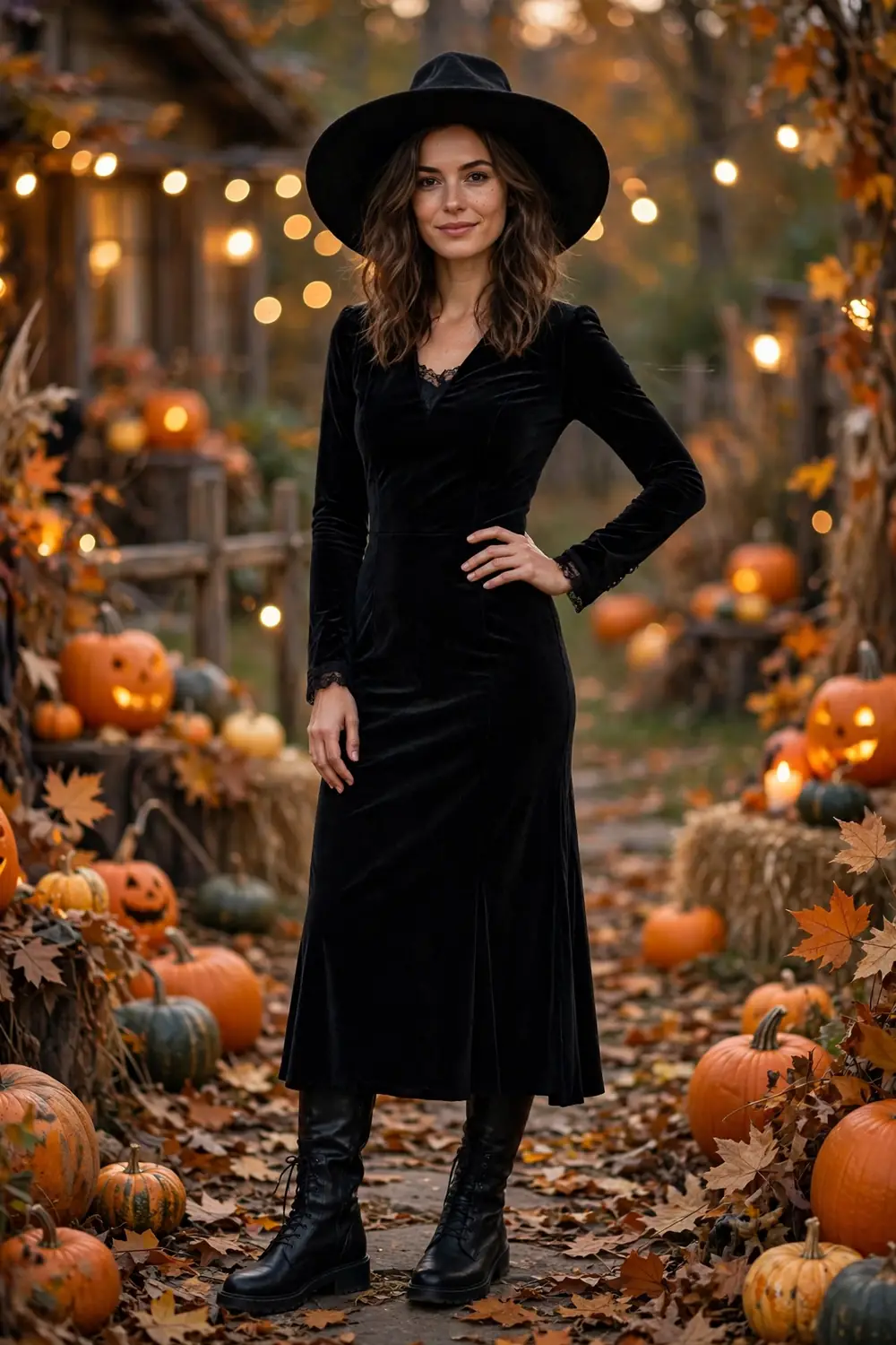 Woman in a modern witch Halloween costume with a black dress and wide brim hat