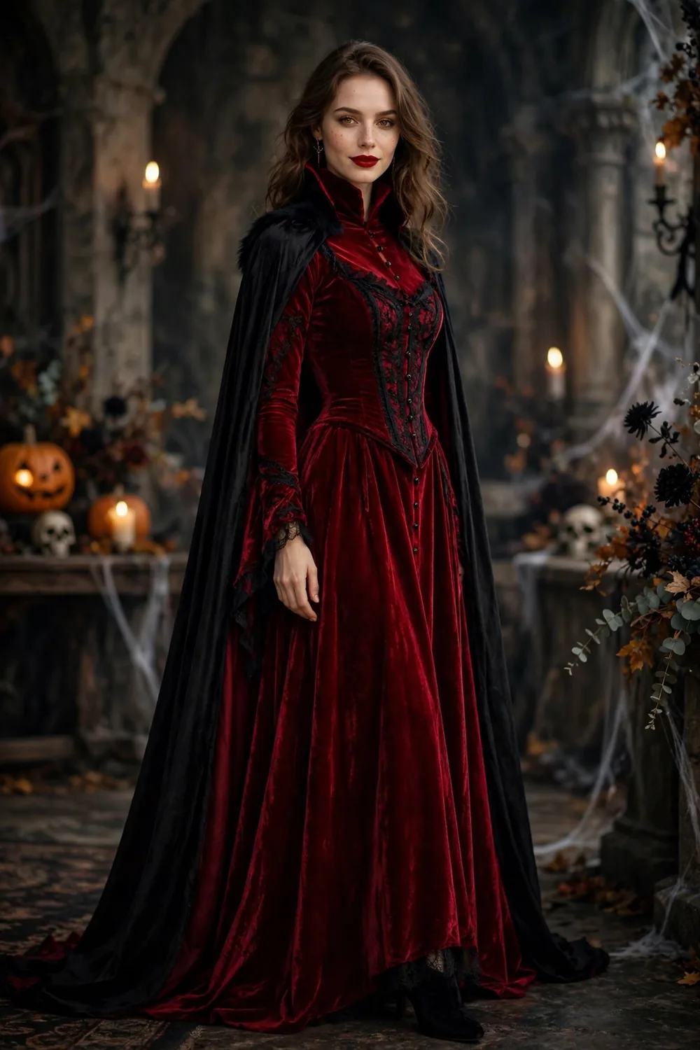 Woman dressed as a glamorous vampire in a dark red dress with bold red lips