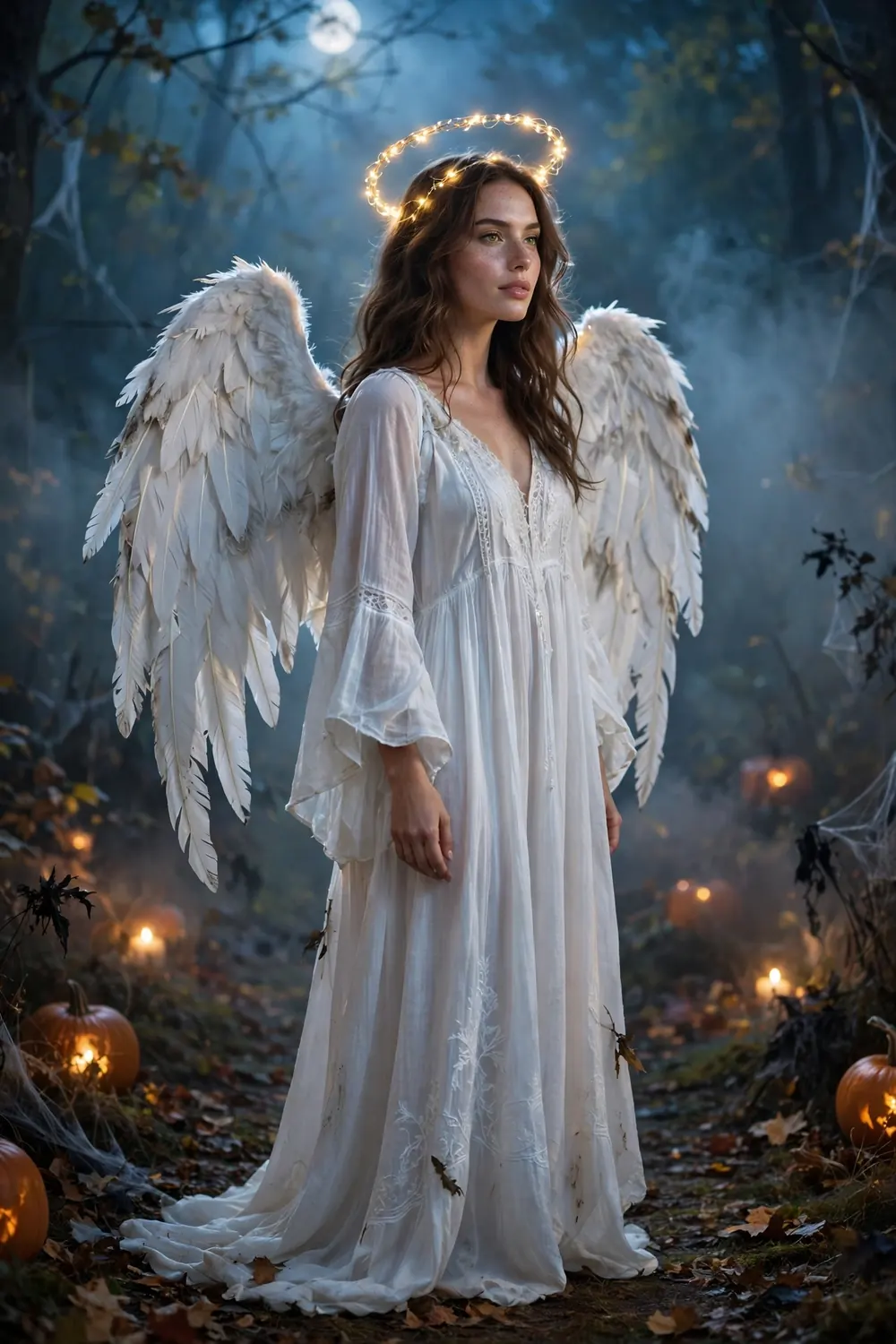 Woman dressed as an angel in an all white outfit with a glowing halo