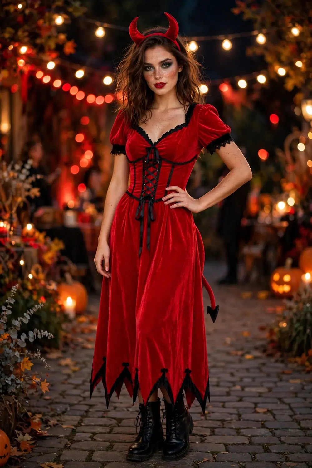 Woman in a fiery devil Halloween costume with a red dress and devil horns