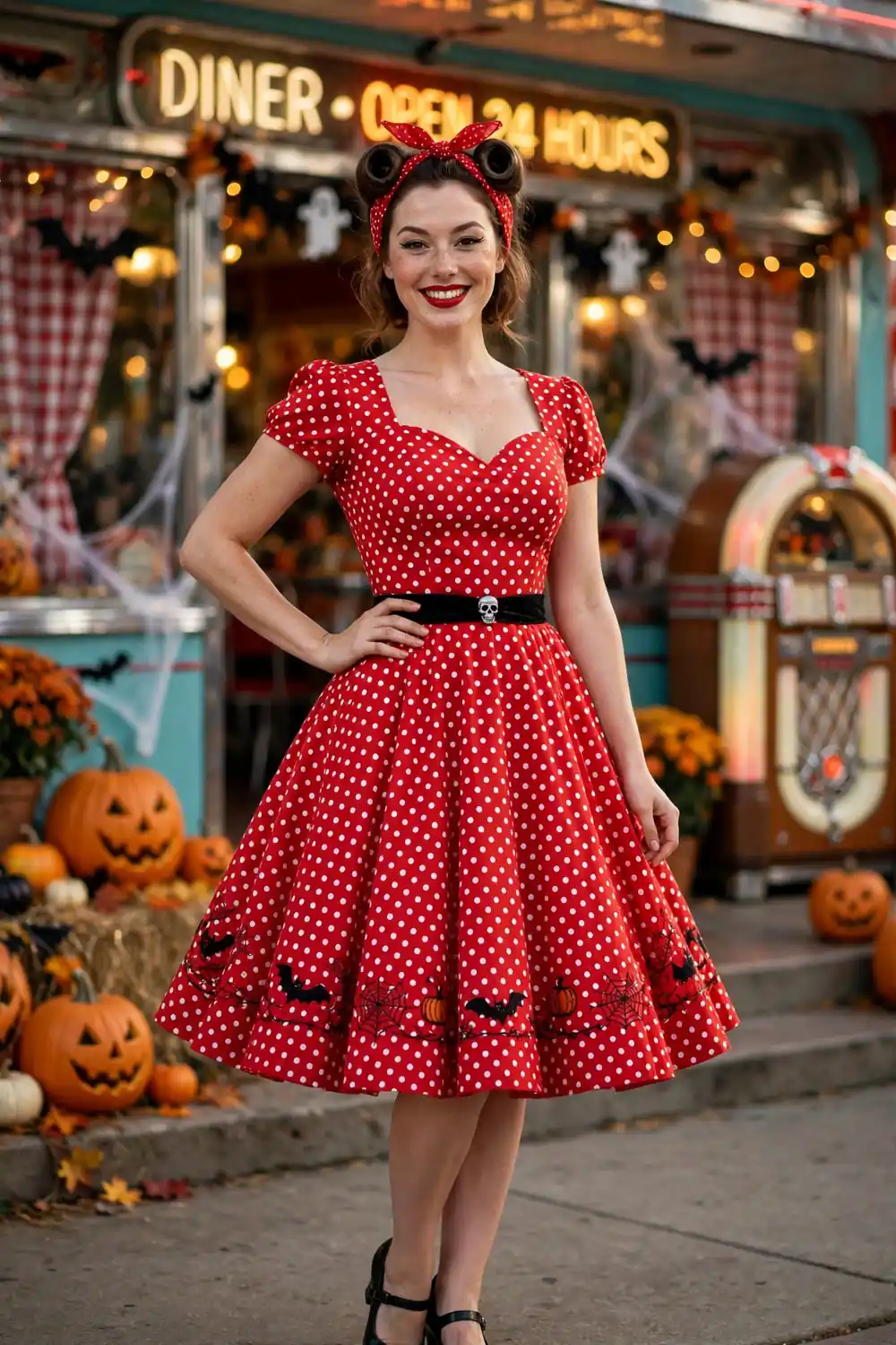 Woman dressed as a retro pin up girl in a polka dot dress with red lips